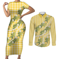 Aloha Puakenikeni Anthurium Pikake Lei Couples Matching Short Sleeve Bodycon Dress and Long Sleeve Button Shirt Gold Hawaiian Palaka Pattern