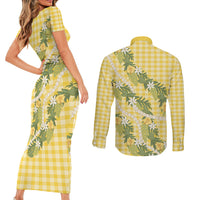 Aloha Puakenikeni Anthurium Pikake Lei Couples Matching Short Sleeve Bodycon Dress and Long Sleeve Button Shirt Gold Hawaiian Palaka Pattern