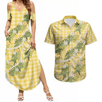 Aloha Puakenikeni Anthurium Pikake Lei Couples Matching Summer Maxi Dress and Hawaiian Shirt Gold Hawaiian Palaka Pattern LT9 Gold - Polynesian Pride