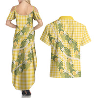 Aloha Puakenikeni Anthurium Pikake Lei Couples Matching Summer Maxi Dress and Hawaiian Shirt Gold Hawaiian Palaka Pattern LT9 - Polynesian Pride