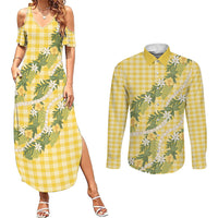 Aloha Puakenikeni Anthurium Pikake Lei Couples Matching Summer Maxi Dress and Long Sleeve Button Shirt Gold Hawaiian Palaka Pattern LT9 Gold - Polynesian Pride