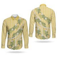 Aloha Puakenikeni Anthurium Pikake Lei Couples Matching Summer Maxi Dress and Long Sleeve Button Shirt Gold Hawaiian Palaka Pattern LT9 - Polynesian Pride