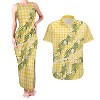 Aloha Puakenikeni Anthurium Pikake Lei Couples Matching Tank Maxi Dress and Hawaiian Shirt Gold Hawaiian Palaka Pattern