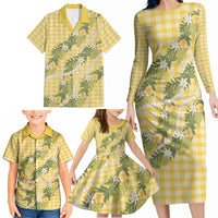 Aloha Puakenikeni Anthurium Pikake Lei Family Matching Long Sleeve Bodycon Dress and Hawaiian Shirt Gold Hawaiian Palaka Pattern LT9 - Polynesian Pride