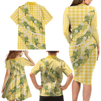 Aloha Puakenikeni Anthurium Pikake Lei Family Matching Long Sleeve Bodycon Dress and Hawaiian Shirt Gold Hawaiian Palaka Pattern LT9 Mom's Dress Gold - Polynesian Pride