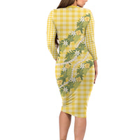 Aloha Puakenikeni Anthurium Pikake Lei Family Matching Long Sleeve Bodycon Dress and Hawaiian Shirt Gold Hawaiian Palaka Pattern
