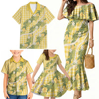 Aloha Puakenikeni Anthurium Pikake Lei Family Matching Mermaid Dress and Hawaiian Shirt Gold Hawaiian Palaka Pattern LT9 - Polynesian Pride