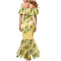 Aloha Puakenikeni Anthurium Pikake Lei Family Matching Mermaid Dress and Hawaiian Shirt Gold Hawaiian Palaka Pattern
