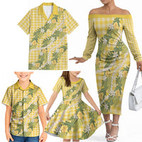 Aloha Puakenikeni Anthurium Pikake Lei Family Matching Off The Shoulder Long Sleeve Dress and Hawaiian Shirt Gold Hawaiian Palaka Pattern LT9 - Polynesian Pride