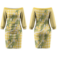 Aloha Puakenikeni Anthurium Pikake Lei Family Matching Off The Shoulder Long Sleeve Dress and Hawaiian Shirt Gold Hawaiian Palaka Pattern LT9 Mom's Dress Gold - Polynesian Pride