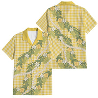 Aloha Puakenikeni Anthurium Pikake Lei Family Matching Off The Shoulder Long Sleeve Dress and Hawaiian Shirt Gold Hawaiian Palaka Pattern LT9 Dad's Shirt - Short Sleeve Gold - Polynesian Pride
