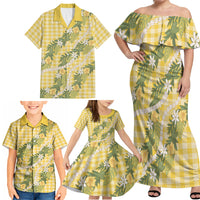 Aloha Puakenikeni Anthurium Pikake Lei Family Matching Off Shoulder Maxi Dress and Hawaiian Shirt Gold Hawaiian Palaka Pattern LT9 - Polynesian Pride