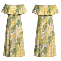 Aloha Puakenikeni Anthurium Pikake Lei Family Matching Off Shoulder Maxi Dress and Hawaiian Shirt Gold Hawaiian Palaka Pattern LT9 Mom's Dress Gold - Polynesian Pride