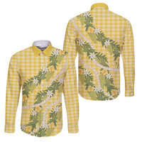 Aloha Puakenikeni Anthurium Pikake Lei Family Matching Off Shoulder Maxi Dress and Hawaiian Shirt Gold Hawaiian Palaka Pattern LT9 Dad's Shirt - Long Sleeve Gold - Polynesian Pride