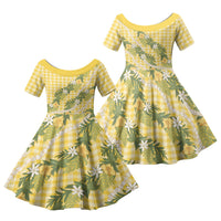 Aloha Puakenikeni Anthurium Pikake Lei Family Matching Off Shoulder Maxi Dress and Hawaiian Shirt Gold Hawaiian Palaka Pattern LT9 Daughter's Dress Gold - Polynesian Pride