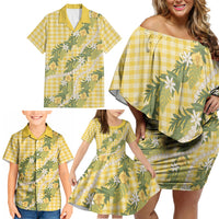 Aloha Puakenikeni Anthurium Pikake Lei Family Matching Off Shoulder Short Dress and Hawaiian Shirt Gold Hawaiian Palaka Pattern LT9 - Polynesian Pride
