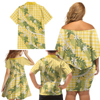 Aloha Puakenikeni Anthurium Pikake Lei Family Matching Off Shoulder Short Dress and Hawaiian Shirt Gold Hawaiian Palaka Pattern
