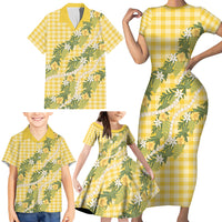Aloha Puakenikeni Anthurium Pikake Lei Family Matching Short Sleeve Bodycon Dress and Hawaiian Shirt Gold Hawaiian Palaka Pattern LT9 - Polynesian Pride