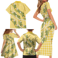 Aloha Puakenikeni Anthurium Pikake Lei Family Matching Short Sleeve Bodycon Dress and Hawaiian Shirt Gold Hawaiian Palaka Pattern LT9 Mom's Dress Gold - Polynesian Pride