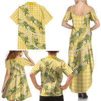 Aloha Puakenikeni Anthurium Pikake Lei Family Matching Summer Maxi Dress and Hawaiian Shirt Gold Hawaiian Palaka Pattern