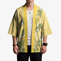 Aloha Puakenikeni Anthurium Pikake Lei Kimono Gold Hawaiian Palaka Pattern