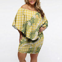 Aloha Puakenikeni Anthurium Pikake Lei Off Shoulder Short Dress Gold Hawaiian Palaka Pattern LT9 Women Gold - Polynesian Pride