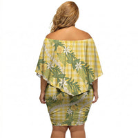 Aloha Puakenikeni Anthurium Pikake Lei Off Shoulder Short Dress Gold Hawaiian Palaka Pattern LT9 - Polynesian Pride