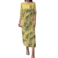 Aloha Puakenikeni Anthurium Pikake Lei Puletasi Gold Hawaiian Palaka Pattern LT9 Long Dress Gold - Polynesian Pride