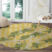 Aloha Puakenikeni Anthurium Pikake Lei Round Carpet Gold Hawaiian Palaka Pattern LT9 - Polynesian Pride