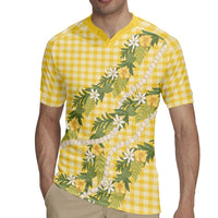 Aloha Puakenikeni Anthurium Pikake Lei Rugby Jersey Gold Hawaiian Palaka Pattern