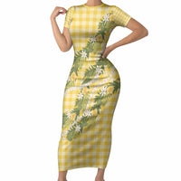 Aloha Puakenikeni Anthurium Pikake Lei Short Sleeve Bodycon Dress Gold Hawaiian Palaka Pattern LT9 Long Dress Gold - Polynesian Pride