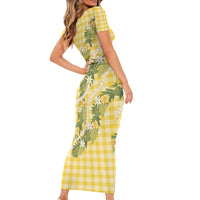 Aloha Puakenikeni Anthurium Pikake Lei Short Sleeve Bodycon Dress Gold Hawaiian Palaka Pattern LT9 - Polynesian Pride
