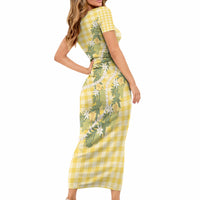 Aloha Puakenikeni Anthurium Pikake Lei Short Sleeve Bodycon Dress Gold Hawaiian Palaka Pattern LT9 - Polynesian Pride