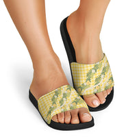Aloha Puakenikeni Anthurium Pikake Lei Slide Sandals Gold Hawaiian Palaka Pattern LT9 - Polynesian Pride