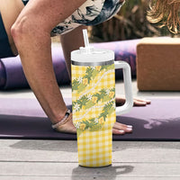 Aloha Puakenikeni Anthurium Pikake Lei Tumbler With Handle Gold Hawaiian Palaka Pattern