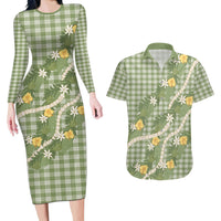 Aloha Puakenikeni Anthurium Pikake Lei Couples Matching Long Sleeve Bodycon Dress and Hawaiian Shirt Green Hawaiian Palaka Pattern LT9 Green - Polynesian Pride