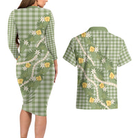 Aloha Puakenikeni Anthurium Pikake Lei Couples Matching Long Sleeve Bodycon Dress and Hawaiian Shirt Green Hawaiian Palaka Pattern