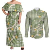 Aloha Puakenikeni Anthurium Pikake Lei Couples Matching Off Shoulder Maxi Dress and Long Sleeve Button Shirt Green Hawaiian Palaka Pattern LT9 Green - Polynesian Pride