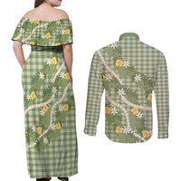 Aloha Puakenikeni Anthurium Pikake Lei Couples Matching Off Shoulder Maxi Dress and Long Sleeve Button Shirt Green Hawaiian Palaka Pattern LT9 - Polynesian Pride