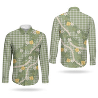 Aloha Puakenikeni Anthurium Pikake Lei Couples Matching Off Shoulder Short Dress and Long Sleeve Button Shirt Green Hawaiian Palaka Pattern LT9 - Polynesian Pride