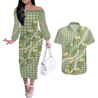 Aloha Puakenikeni Anthurium Pikake Lei Couples Matching Off The Shoulder Long Sleeve Dress and Hawaiian Shirt Green Hawaiian Palaka Pattern LT9 Green - Polynesian Pride