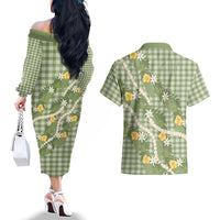 Aloha Puakenikeni Anthurium Pikake Lei Couples Matching Off The Shoulder Long Sleeve Dress and Hawaiian Shirt Green Hawaiian Palaka Pattern LT9 - Polynesian Pride