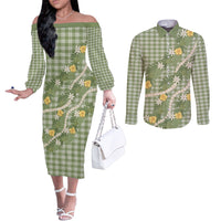 Aloha Puakenikeni Anthurium Pikake Lei Couples Matching Off The Shoulder Long Sleeve Dress and Long Sleeve Button Shirt Green Hawaiian Palaka Pattern