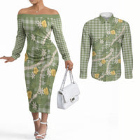 Aloha Puakenikeni Anthurium Pikake Lei Couples Matching Off The Shoulder Long Sleeve Dress and Long Sleeve Button Shirt Green Hawaiian Palaka Pattern LT9 Green - Polynesian Pride