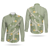 Aloha Puakenikeni Anthurium Pikake Lei Couples Matching Off The Shoulder Long Sleeve Dress and Long Sleeve Button Shirt Green Hawaiian Palaka Pattern LT9 - Polynesian Pride