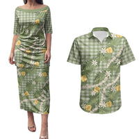 Aloha Puakenikeni Anthurium Pikake Lei Couples Matching Puletasi and Hawaiian Shirt Green Hawaiian Palaka Pattern LT9 Green - Polynesian Pride