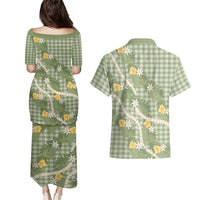Aloha Puakenikeni Anthurium Pikake Lei Couples Matching Puletasi and Hawaiian Shirt Green Hawaiian Palaka Pattern LT9 - Polynesian Pride