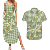 Aloha Puakenikeni Anthurium Pikake Lei Couples Matching Summer Maxi Dress and Hawaiian Shirt Green Hawaiian Palaka Pattern