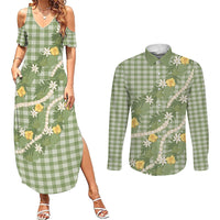 Aloha Puakenikeni Anthurium Pikake Lei Couples Matching Summer Maxi Dress and Long Sleeve Button Shirt Green Hawaiian Palaka Pattern LT9 Green - Polynesian Pride