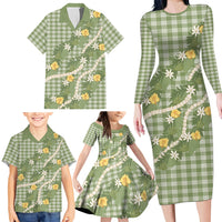 Aloha Puakenikeni Anthurium Pikake Lei Family Matching Long Sleeve Bodycon Dress and Hawaiian Shirt Green Hawaiian Palaka Pattern LT9 - Polynesian Pride